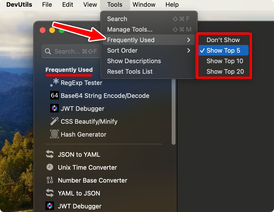 devutils_app's tweet image. Tip: Show Top Frequently Used Tools at the top of DevUtils app for quick access.
devutils.com