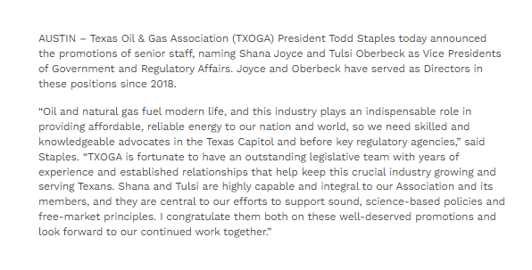 TXOGA President @Todd_Staples today announced the promotions of @slgooch and Tulsi Oberbeck as Vice Presidents of Government and Regulatory Affairs. They have served as Directors in these positions since 2018. Read more: txoga.org/txoga-announce…