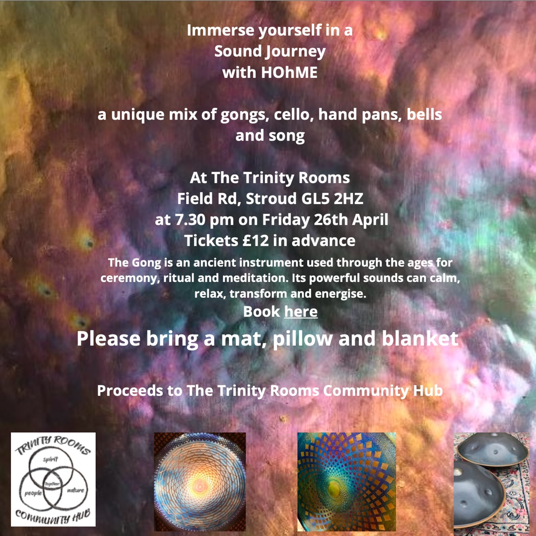 SAVE THE DATE! Friday 26th April 7:30pm. Our always popular Sublime Sound Bath event returns to our #stroud hub. Come along & immerse in a deeply relaxing nourishing Sound Bath with the talented HOhME Trio. Tickets £12 with proceeds helping to support us. ow.ly/znUX50R5svN