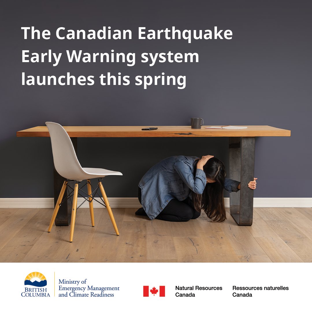 The Canadian Earthquake Early Warning system launches this spring. Q: Do you know what to do if you ever receive an earthquake early warning alert? A: Read the alert. Take immediate action like Drop, Cover and Hold On Learn more: PreparedBC.ca/earthquakes @NRCan