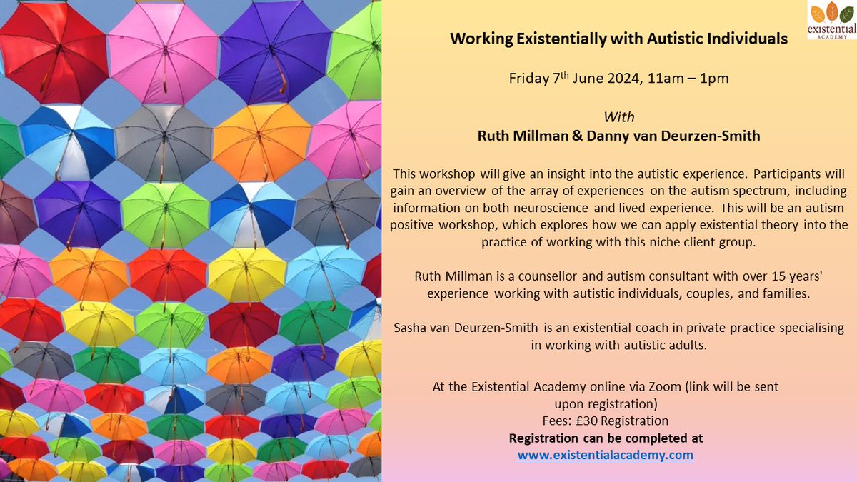 Are you a coach or psychotherapist interested in working with neurodivergent clients? Join Danny van Deurzen Smith and Dr Ruth Millman discuss the benefits of work existentially and give practical strategies that you can use with clients.