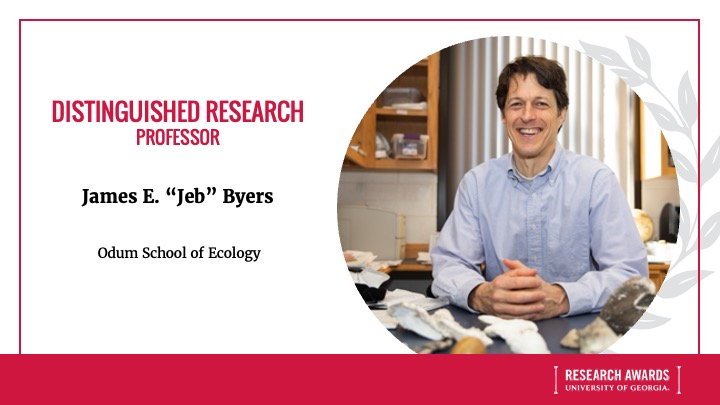Congrats to Odum's Jeb Byers, named a 2024 Distinguished Research Professor! An internationally prominent scientist in population, community and marine ecology, he is known for quantifying and predicting the success of biological invasions. t.uga.edu/9Pt @ugaresearch