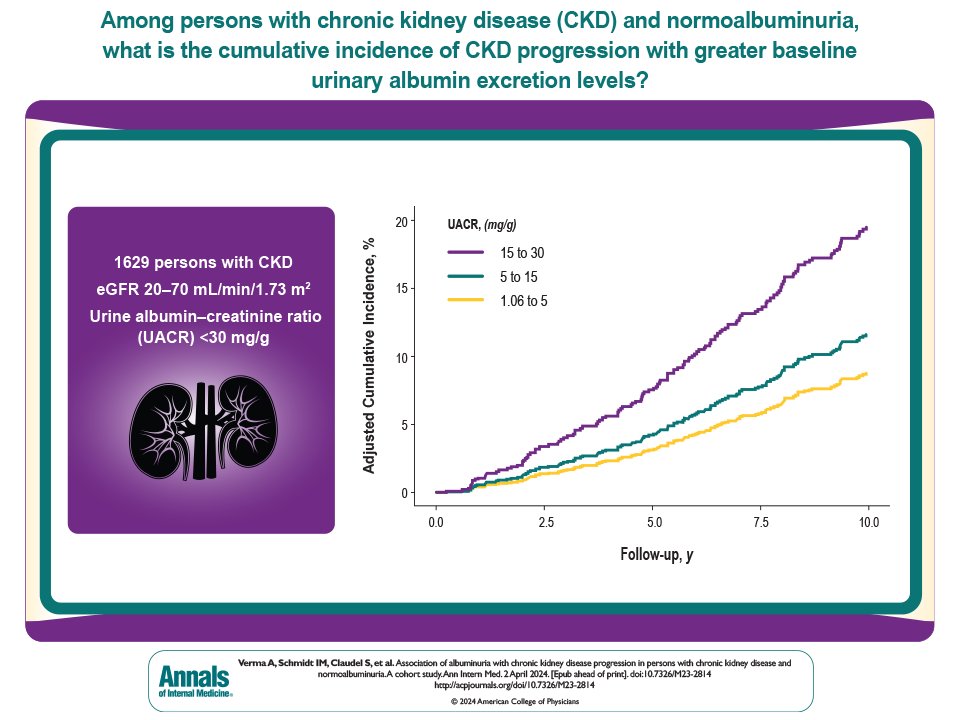 New study in Annals reveals higher albuminuria levels in CKD patients with normoalbuminuria correlate with increased risk of progression: ow.ly/B6yr50R6ET1 @AshuNephro @bu_bmc_renal @UICNeph @BUMedicine