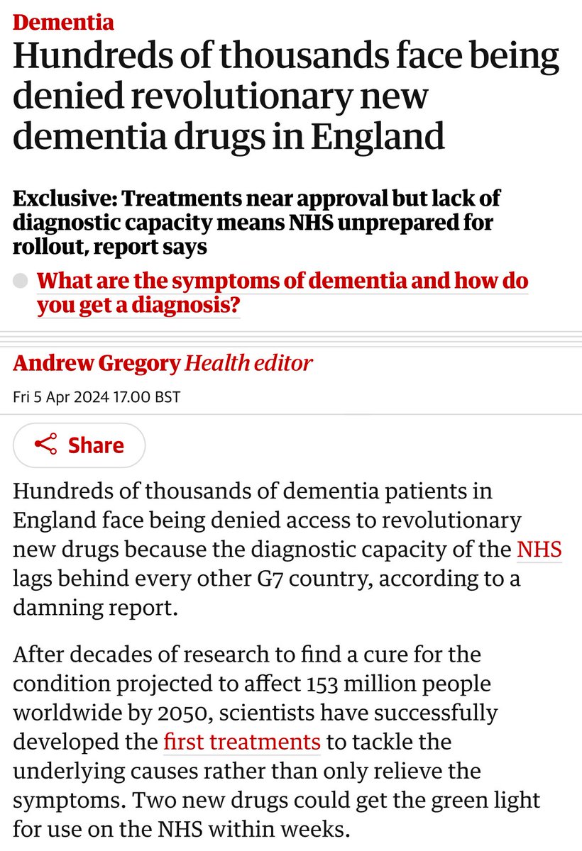 It's astonishing. We appear to be on the verge of a monumental breakthrough in the fight against dementia, and yet the UK is uniquely poorly placed to exploit it because our health system is on its knees and can't cope with the expected diagnostic load. theguardian.com/society/2024/a…