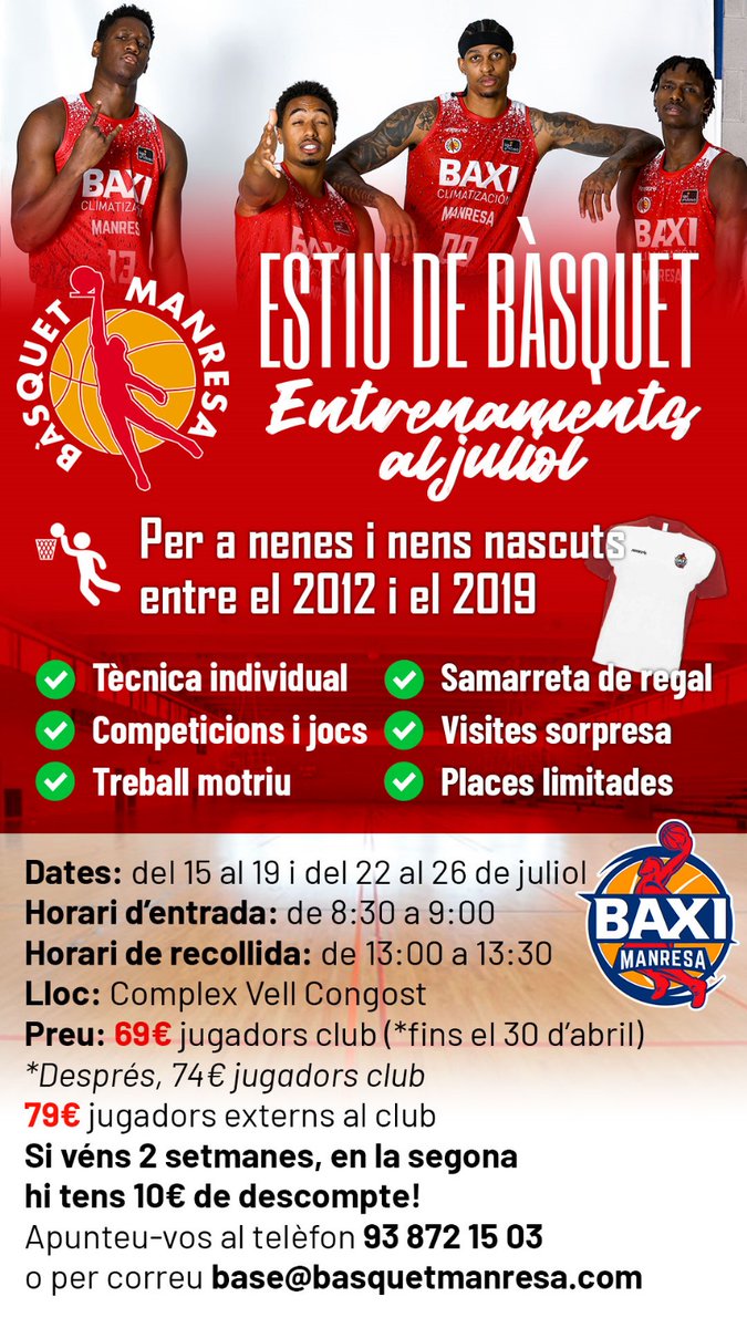 🏀 CAMPUS ESTIU DE BÀSQUET 🗓️ Entrenaments al juliol del 15 al 19 i del 22 al 26 de 8:30h a 13:30h ⛹️‍♀️⛹️ Per a nenes i nens nascuts entre el 2012 i el 2019, ambdós inclosos 🔝 Formulari d’inscripció al link de la Bio i a continuació: forms.office.com/e/Fs5ENb1g8J #MadeinManresa