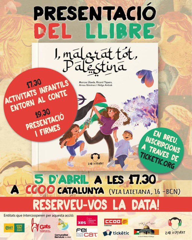 Avui Pancho de @ZooPosse i Ricard, Marcos, dos dels autors del conte “i malgrat tot, Palestina”conjuntament amb Arnau i Helga, ens acompanyen avui a @ccoocatalunya per presentar-lo a Barcelona Molt contents d’acollir-vos a la casa dels treballadors i treballadores catalanes