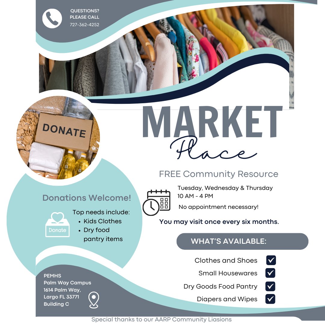 🌟 Discover MARKET Place: Your Community Hub! 🌟 Are you in need of clothes, shoes, or pantry items? We can help! Visit the MARKET Place today—no appointment is necessary. Together, we build stronger communities! 🤝🌎 #CommunityResource #GiveBack #SupportLocal #donation