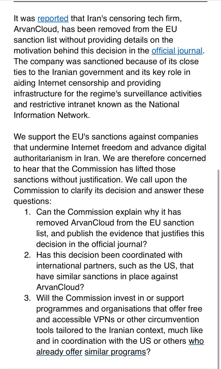 Zonder toelichting haalt de Europese Commissie een Iraanse IT aanbieder van de sanctielijst. Eerder werkte deze aanbieder mee aan censuur en repressie online. Waarom nu opeens van de sanctielijst? Vragen gesteld 👇