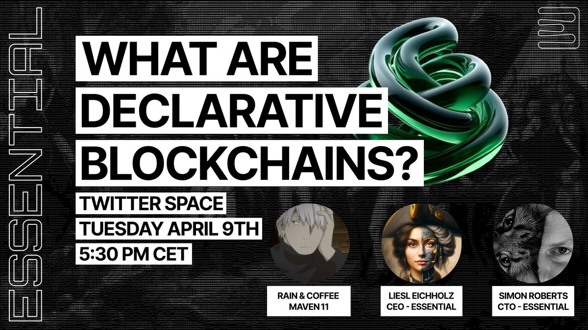 Curious about declarative blockchains? Join us for a twitter space this Tuesday, April 9th at 5:30 PM CET where we'll dive into what makes them game changing. Moderated by @0xRainandCoffee of @Maven11Capital, with CEO @liesleichholz and CTO @simonr0204 twitter.com/i/spaces/1djGX…