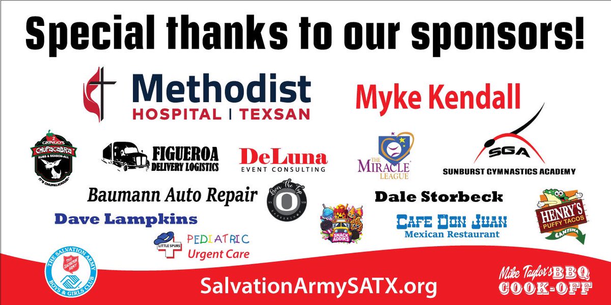 Thank you to all of our sponsors for supporting the 2024 Mike Taylor BBQ Cook-off tomorrow, which benefits our Peacock Boys & Girls Club. Tickets for the event may be purchased at SalvationArmySATX.org or while supplies last onsite beginning at 10 am at 615 Peacock Avenue.