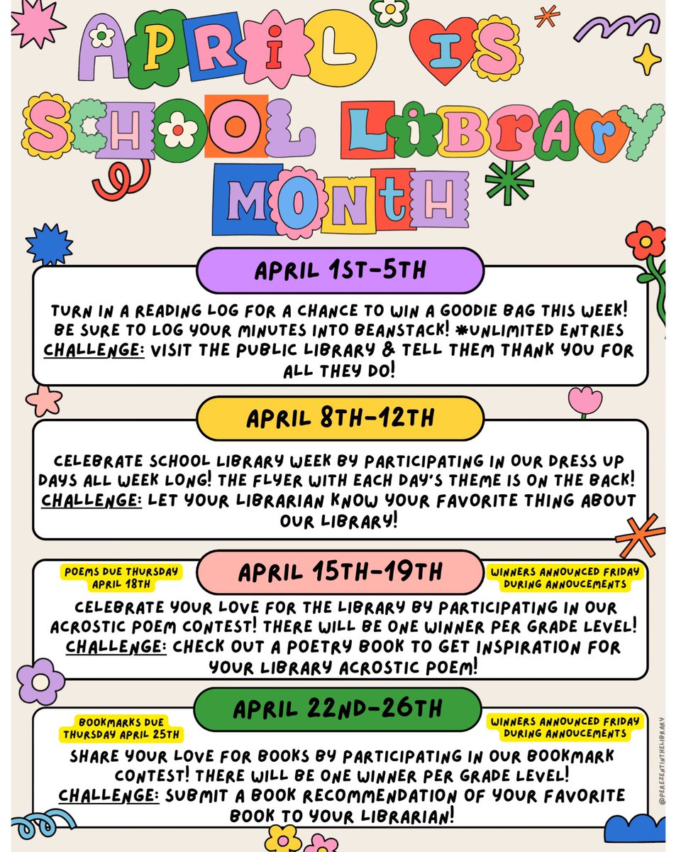 13 lucky winners to celebrate #schoollibrarymonth! Every student who turned in reading log was entered in to a raffle to win a goodie bag! Congrats to all our winners! Next week theme is dress up days! @SeguinISD @PatlanES @MatsRead