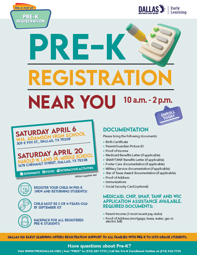 Come one come all- Dallas ISD Pre-K registration, Sat. 20th at Lang MS! @lang_hw  @Skyline_Raiders  @ARSADallas @MontessoriBT @ConnerCubsDISD @urbanparkes  @TatumTitan_DISD @Callejoes @SilbersteinES  @GWTruett @GuzickES @MRamirezDISD @dallasschools