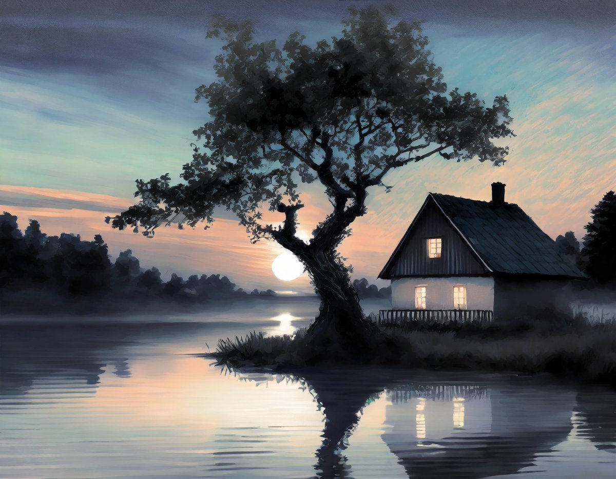 “And when the dawn comes creeping in,
Cautiously I shall raise
Myself to watch the daylight win.”

D.H. Lawrence, The Complete Poems of D.H. Lawrence

The Play of Dawn on Water and Sky
#dawnbreak #dawn #sunrise  #reflections #lake #cottage #tree #silhouette #myaiart
