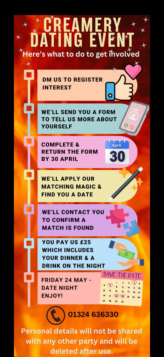 CreameryFalkirk's tweet photo. **Dating Event**

Friday, 24 May

Deets below 👇 https://t.co/o3pjHKRLHP