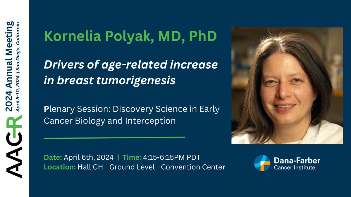 Join Dr. Kornelia Polyak (@LabPolyak) on April 6th as she discusses drivers of age-related increase in breast #tumorigenesis in a plenary session on Discovery Science in Early Cancer Biology and Interception at #AACR24.  #BreastCancer #bcsm