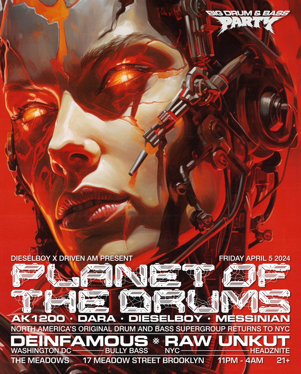 NYC TONIGHT!!! The Planet of the Drums returns after a long Big Apple hiatus. 3 hours of drum and bass history tonight at The Meadows in Bushwick!! Watch the ride… It’s time for BIG DRUM AND BASS @DrivenAM