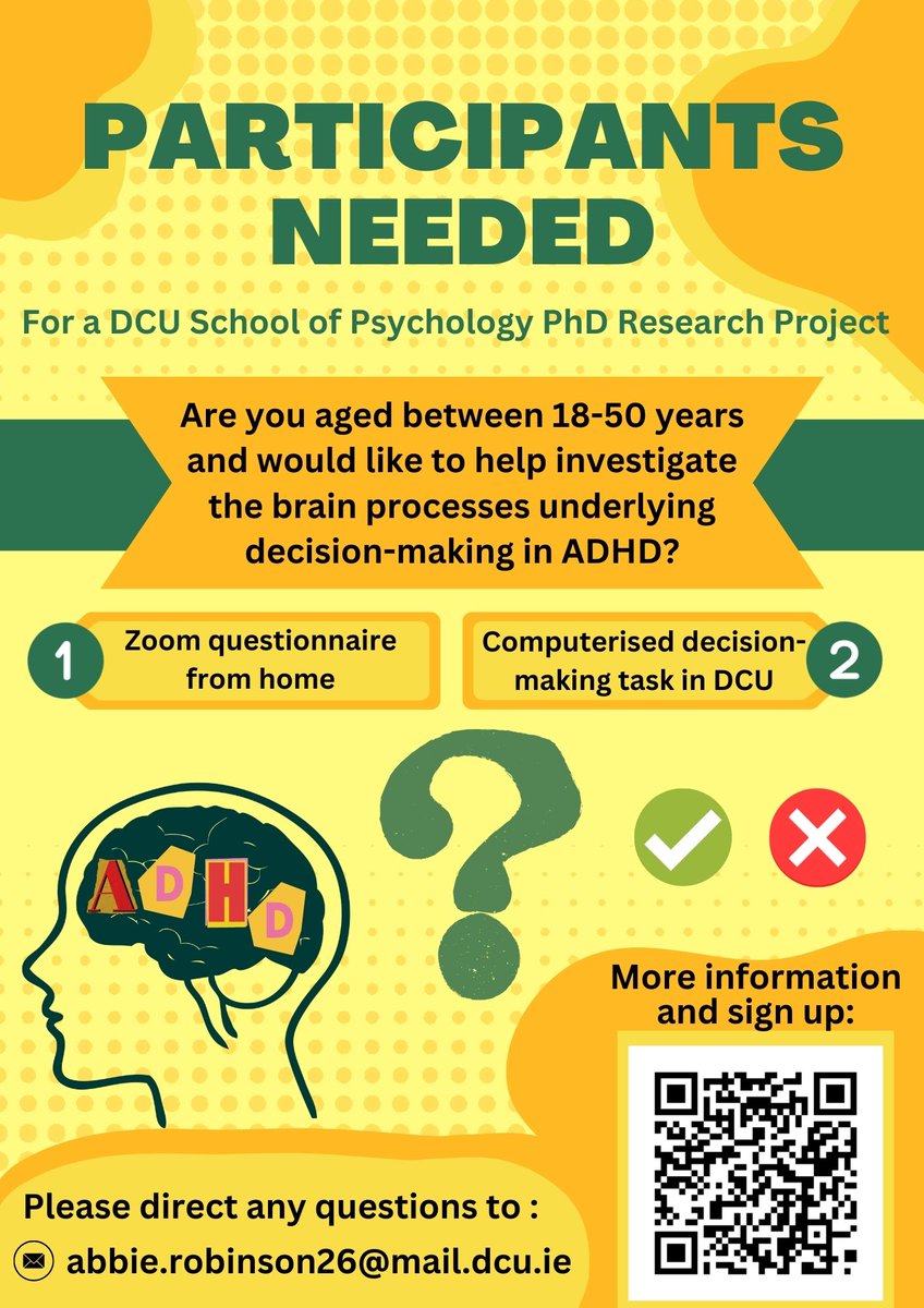 !!Participants Needed!! I am currently recruiting adults aged 18-50 years for my PhD research. Participation is open to everyone - with or without ADHD! More information about the study, eligibility, and procedure can be found here: dcupsychology.fra1.qualtrics.com/jfe/form/SV_8k… Shares appreciated!