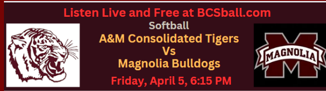 LISTEN LIVE AND FREE TONIGHT on bcsball.com. #ConsolidatedSoftball vs #MagnoliaSoftball at 6:15 pm @amc_softball @AMCHSTigerClub @magbulldogs @magbulldognews @MHSDogSoftball @CSISDAthletics