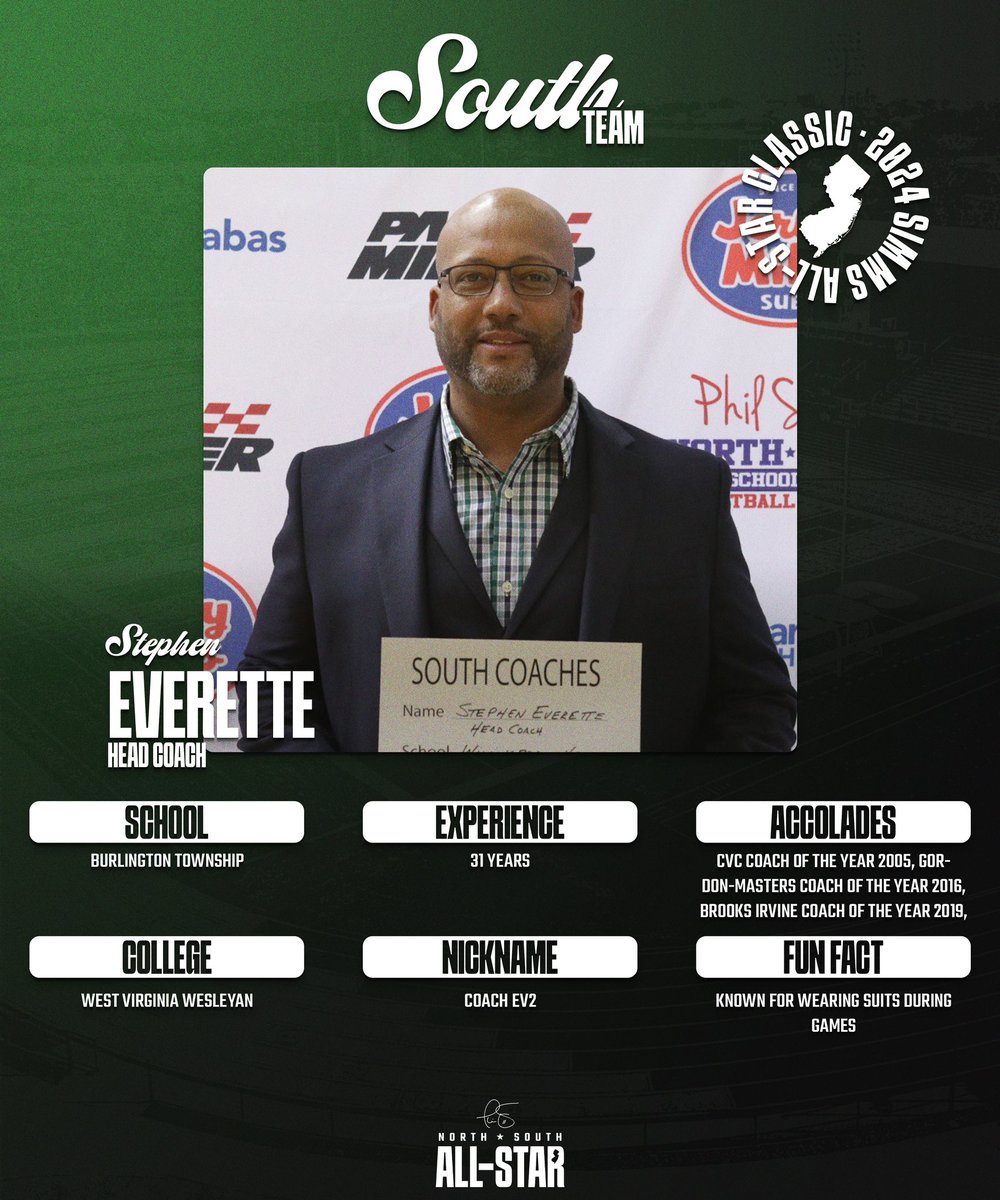 Meet the team: Head Coach Stephen Everett looks to lead the South Team to victory this year. Coach Ev is coming off a Sectional Championship but begins his journey with Burlington Township in the coming year!