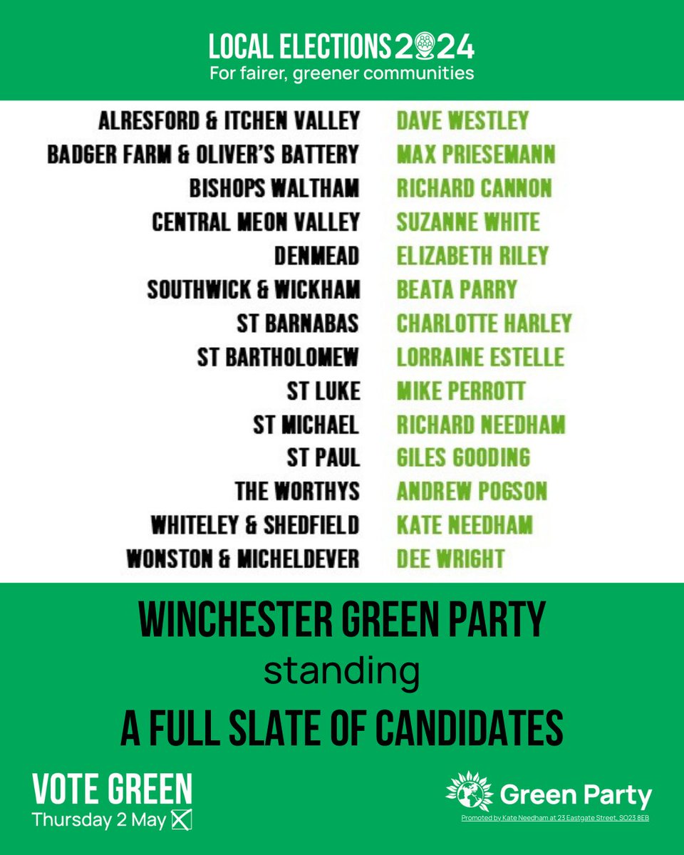 Winchester City Council Elections 2024

Very pleased to announce a full slate of <a href="/TheGreenParty/">The Green Party</a> candidates for Winchester on May 2nd

#VoteGreen 💚💚💚