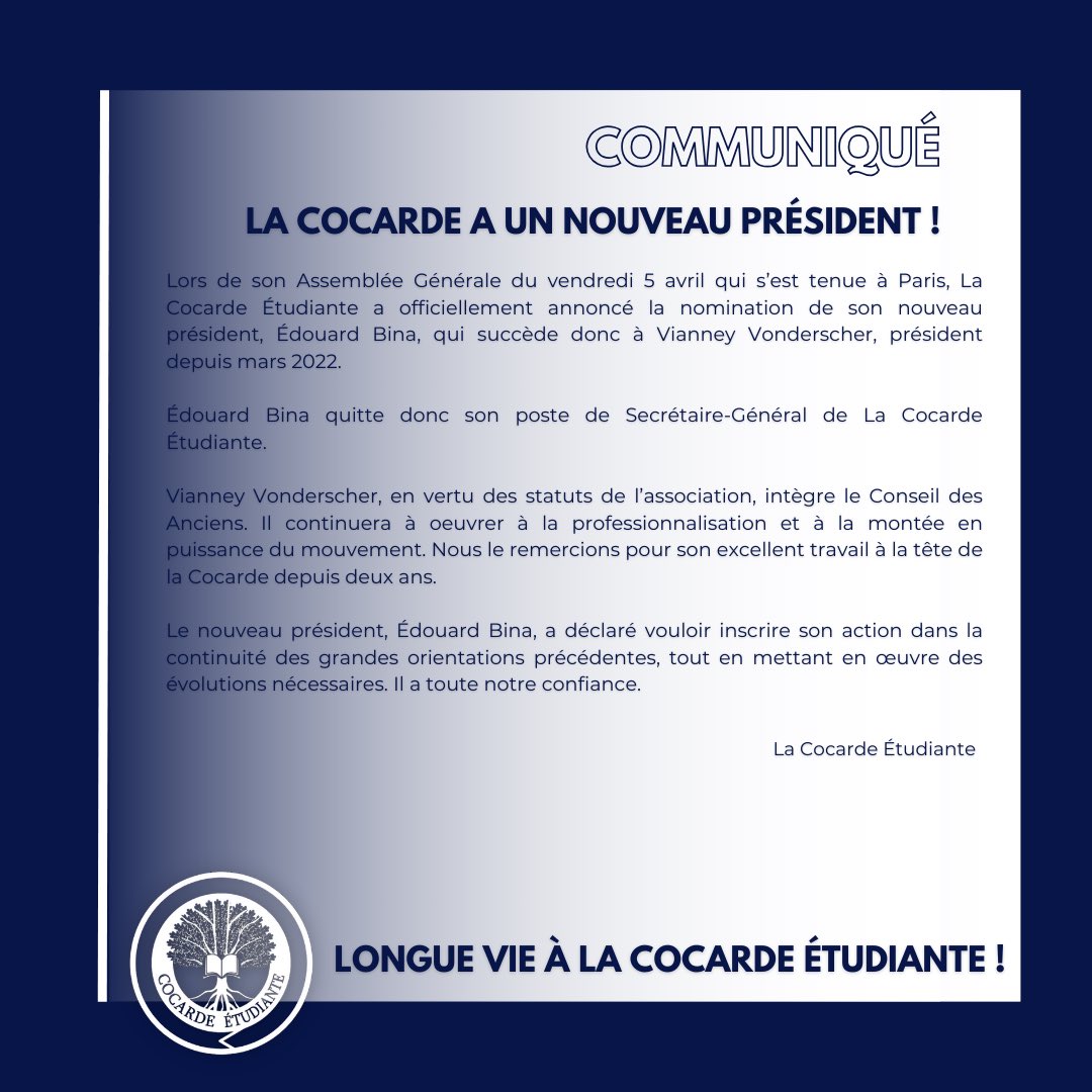 La Cocarde Étudiante (@cocardeetud) on Twitter photo 🛑 La Cocarde a un nouveau président !
Félicitations à Édouard Bina qui succède à Vianney Vonderscher et devient notre nouveau président.
Merci à <a href="/vianneyvdr/">Vianney Vonderscher</a> pour le travail mené ces deux dernières années.
Félicitations <a href="/Edouard_etud/">Edouard Bina</a>
Longue vie à la Cocarde Étudiante. 🛑 La Cocarde a un nouveau président !
Félicitations à Édouard Bina qui succède à Vianney Vonderscher et devient notre nouveau président.
Merci à <a href="/vianneyvdr/">Vianney Vonderscher</a> pour le travail mené ces deux dernières années.
Félicitations <a href="/Edouard_etud/">Edouard Bina</a>
Longue vie à la Cocarde Étudiante.