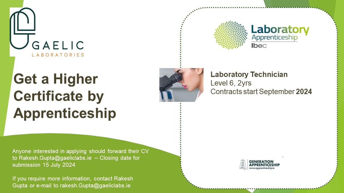 Looking to build a rewarding career in #STEM? Check out this great opportunity for an aspiring apprentice, passionate about #science with @Lab_Apprentice & Gaelic Laboratories Limited! Find out more information on this opportunity in the image below. #GenerationApprenticeship