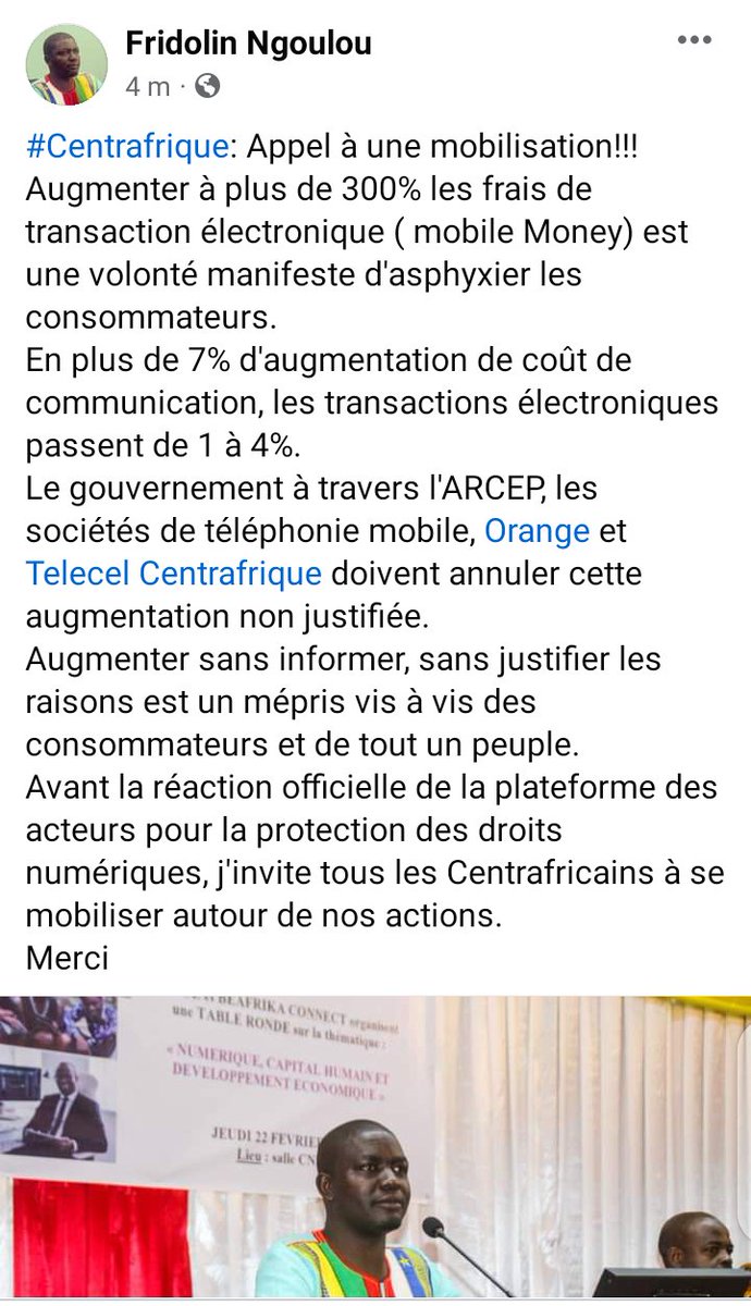 #Centrafrique: Appel à une mobilisation Augmenter à plus de 300% les frais de transaction électronique ( mobile Money) est une volonté manifeste d'asphyxier les consommateurs. En plus de 7% d'augmentation de coût de communication, les transactions électroniques passent de 1 à 4%.