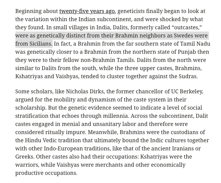 When geneticists finally began investigating Indian castes, they were shocked to find that the lowest castes were as genetically distinct from their upper-caste neighbors as Swedes are from Sicilians. Upper castes spread out across India, meanwhile, were genetically close!