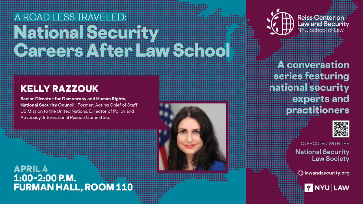 We were delighted to host our final <a href="/RCLS_NYU/">Reiss Center on Law and Security</a> #RoadLessTraveled event of the year!

Many 🙏 to NSC Sen. Dir. for Democracy &amp; Human Rights <a href="/KellyRazzouk/">Kelly Razzouk</a> for tracing your professional commitment to human rts, from law school to roles at <a href="/USUN/">U.S. Mission to the UN</a>, <a href="/WhiteHouse/">The White House</a>, <a href="/RESCUEorg/">IRC - International Rescue Committee</a> &amp; more.