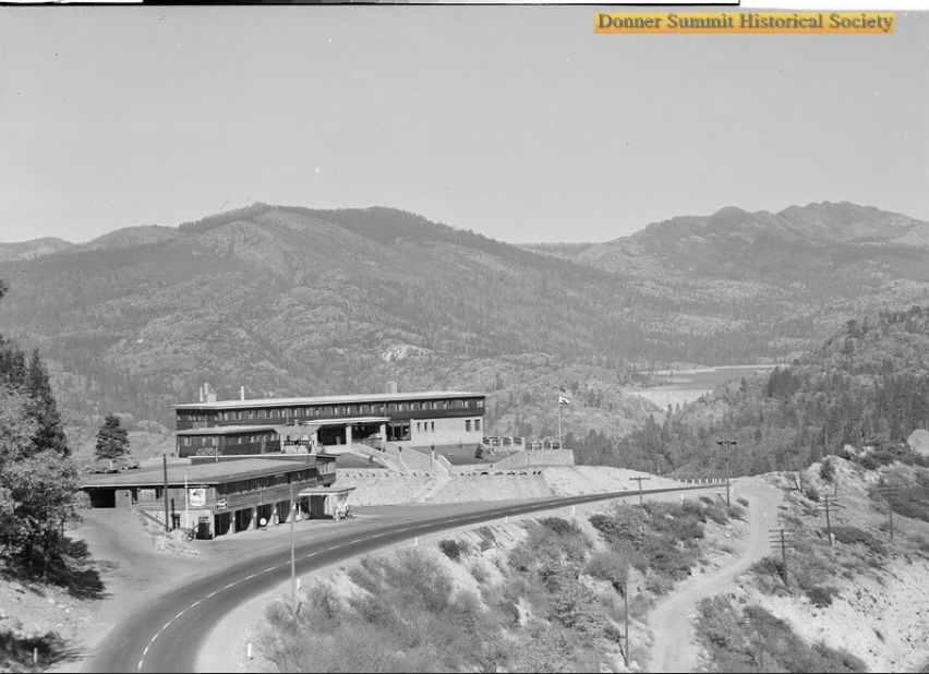 The Nyack Lodge one year after its construction, c.1947. We can see Lake Spaulding more clearly in this photo on the far right. The gas station has been completed as well and, according to the sign, carries Mobile Gas. That gas station was moved to its present location just west…