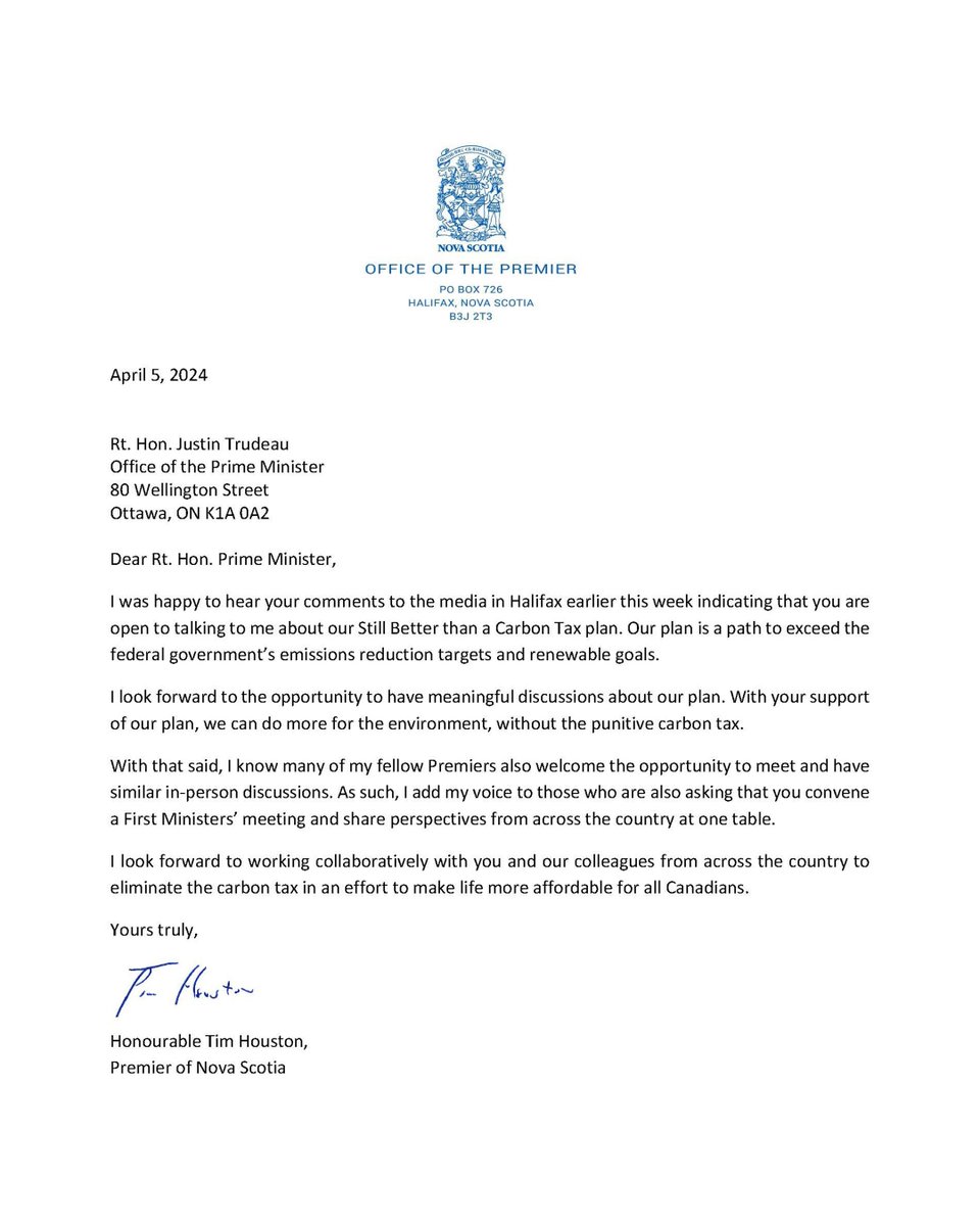 TimHoustonNS's tweet photo. The federal carbon tax is not working for Nova Scotians. I'm joining Premiers across the country in calling on the Prime Minister to convene a First Ministers' meeting to discuss the impact of the carbon tax on our economy and Nova Scotians. https://t.co/B23iOYMo15