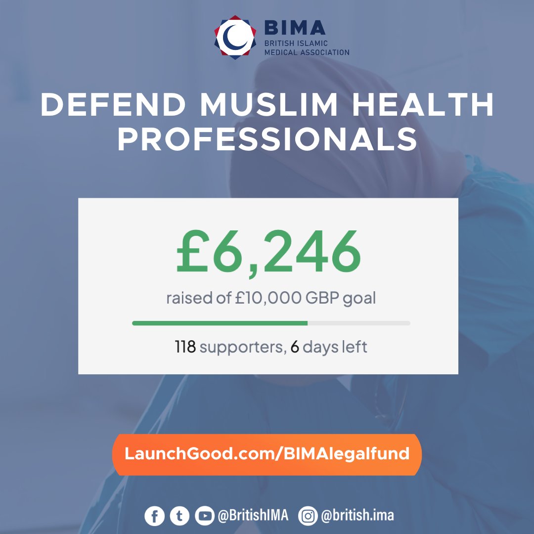 Help us reach our goal! Only 7 days remain to contribute to BIMA's legal and wellbeing support appeal. Let's stand in solidarity with Muslim health professionals who need our support. Donate here: LaunchGood.com/BIMALegalFund #BIMALegalAppeal #DonateNow #Ramadan2024