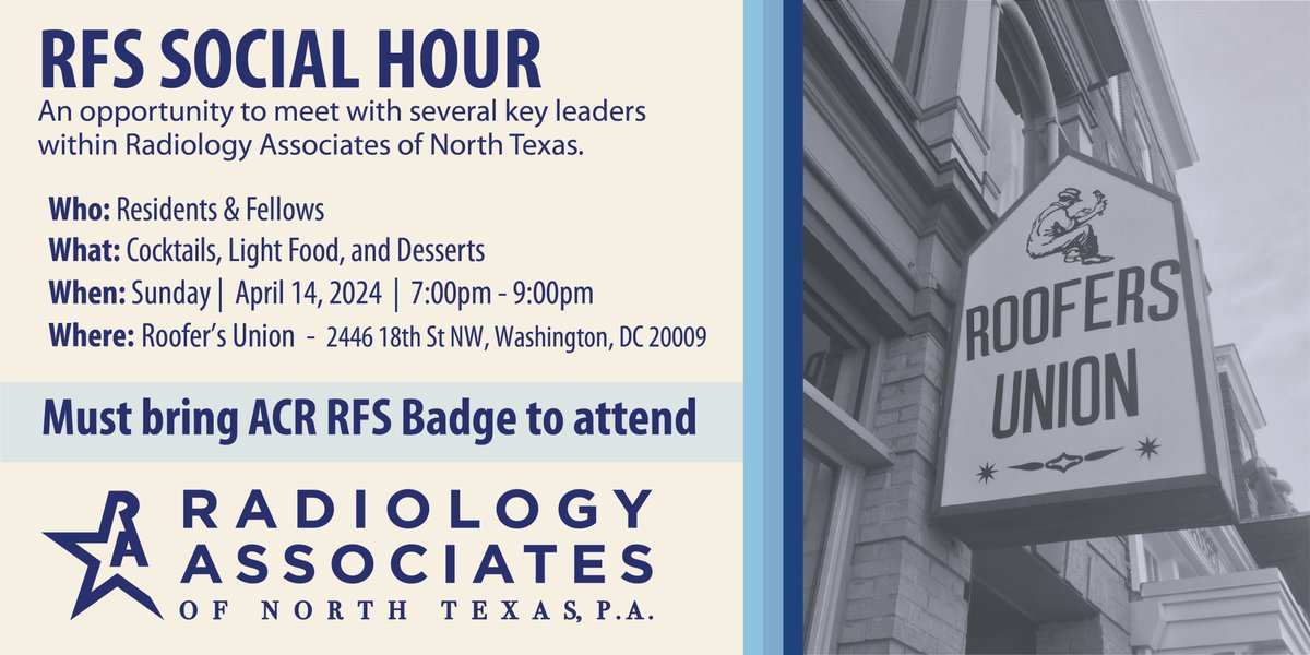 Radiology Associates of North Texas, P.A. (@radntx) on Twitter photo Attention Radiology Residents and Fellows: Join us Sunday, April 14th during the 2024 <a href="/RadiologyACR/">American College of Radiology</a> Annual Meeting for a happy hour at Roofer's Union. This is a great opportunity to network with fellow attendees and meet some of our practice leaders!
#radres #ACRRFS Attention Radiology Residents and Fellows: Join us Sunday, April 14th during the 2024 <a href="/RadiologyACR/">American College of Radiology</a> Annual Meeting for a happy hour at Roofer's Union. This is a great opportunity to network with fellow attendees and meet some of our practice leaders!
#radres #ACRRFS