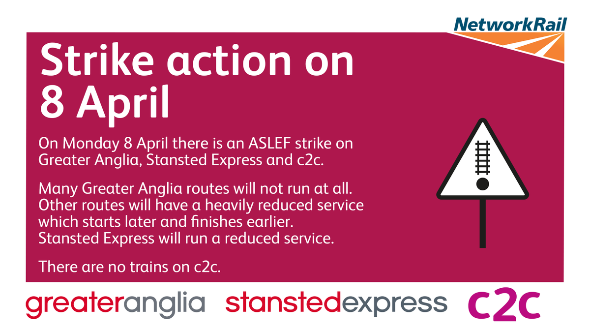 ⚠️Don't get caught out on Monday - a strike by ASLEF union members will have a major impact on Anglia ⬇️ Please check before you travel @greateranglia @Stansted_Exp @c2c_Rail