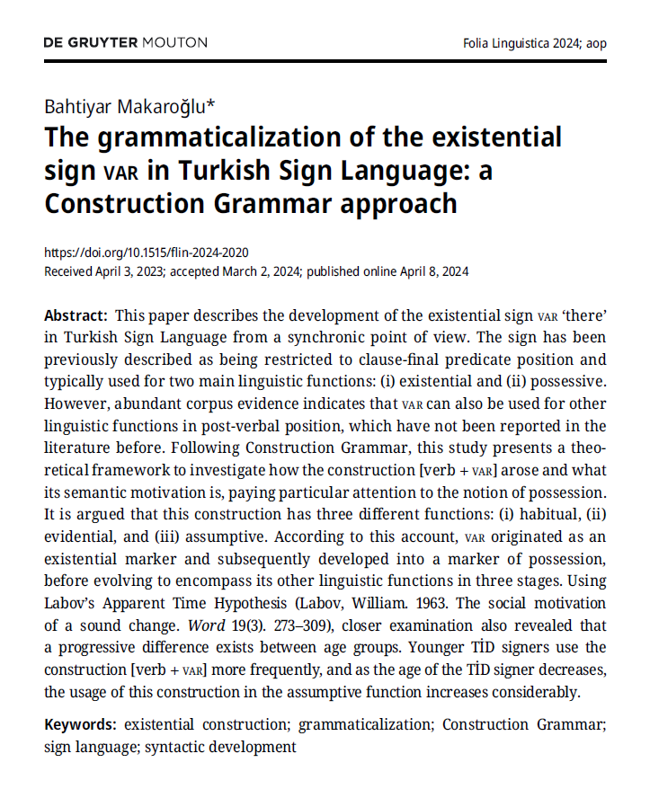 bmakaroglu's tweet photo. Pleased to share my paper titled, "The grammaticalization of the existential sign var in Turkish Sign Language: a Construction Grammar approach" published in the Journal of Folia Linguistica. A short thread below👇https://t.co/Kck3tqnkJE https://t.co/Zv13jLQYPl