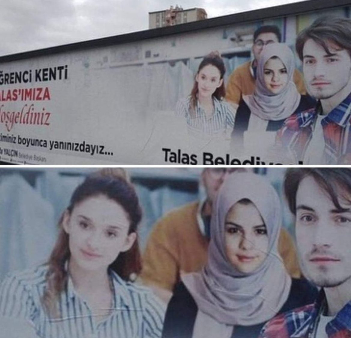 Kayseri'deki bir okulun reklamında Selena Gomez'in montajlanmış başörtülü hali yer aldı.D