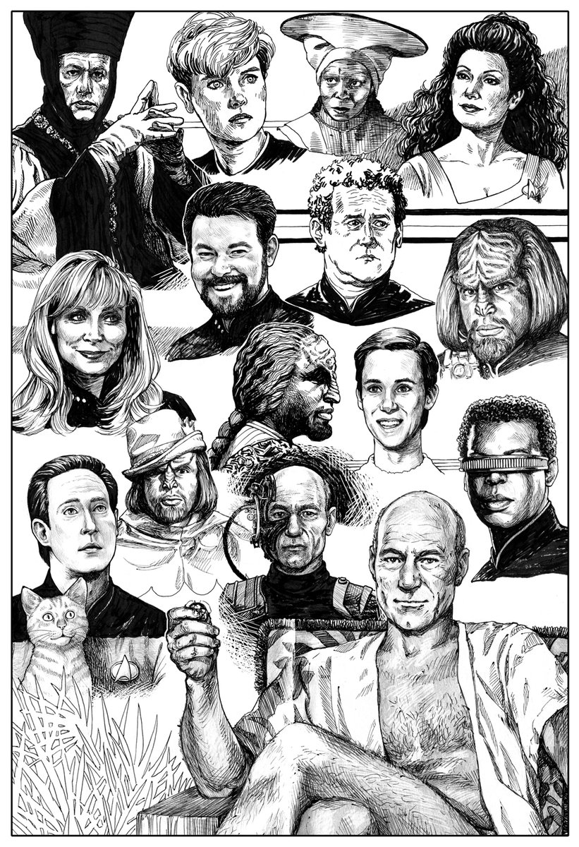 Today is #firstcontactday!!! So I gotta share this montage of TNG characters I drew back in 2015 when I had a Sketch-a-Day journal. One of my favorite shows ever.