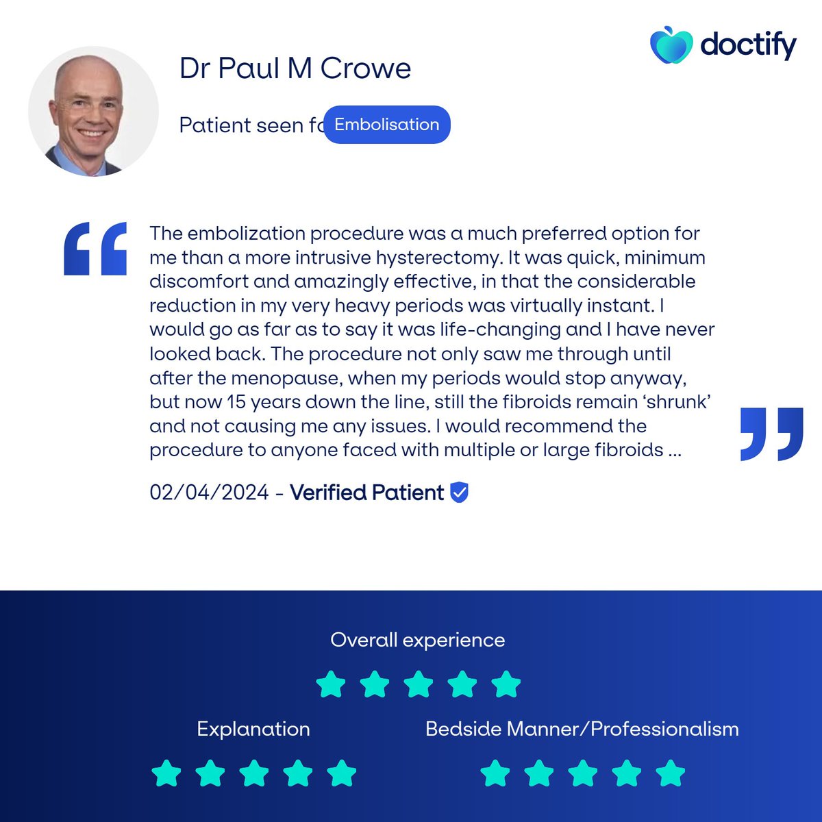 drpaulcrowe's tweet photo. Great to meet up recently with one of my patients who, even 15 years down the line, feels her uterine fibroid embolisation procedure was “life-changing” #UFE #fibroids #bsir https://t.co/jo8xcwD09M