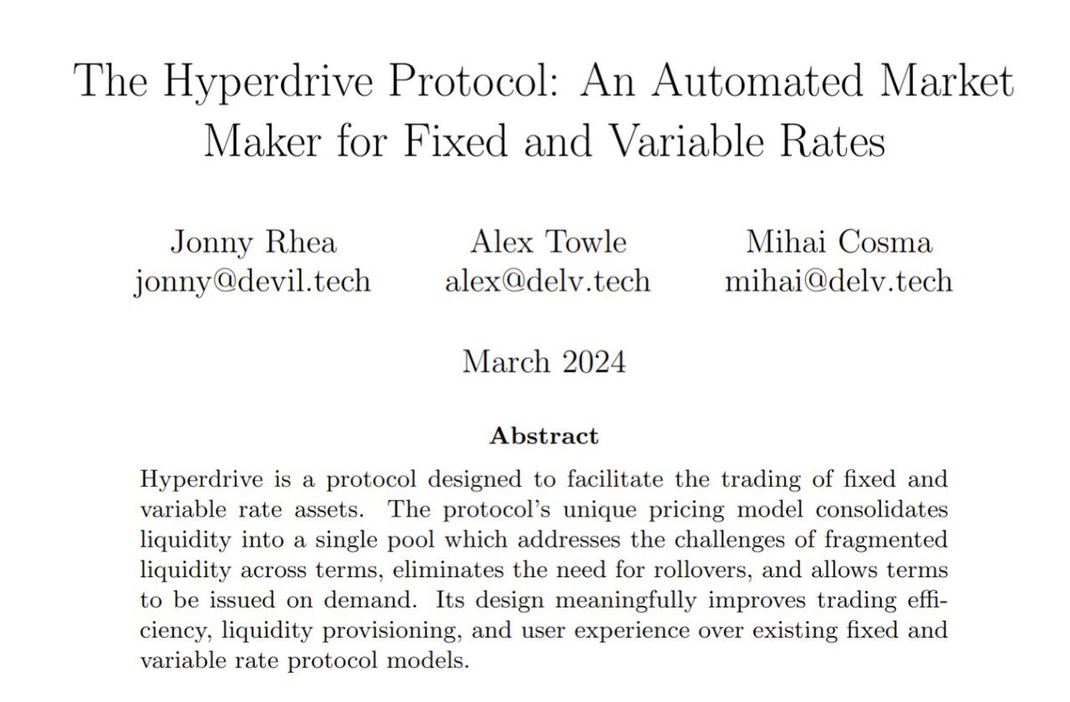 1/7 The Hyperdrive Whitepaper is live. Hyperdrive is an AMM protocol that redefines fixed and variable rate markets. Unlike existing protocols, it offers unique features like Terms on Demand, Continuous Liquidity, & Single-Sided Liquidity, enhancing UX and capital efficiency.