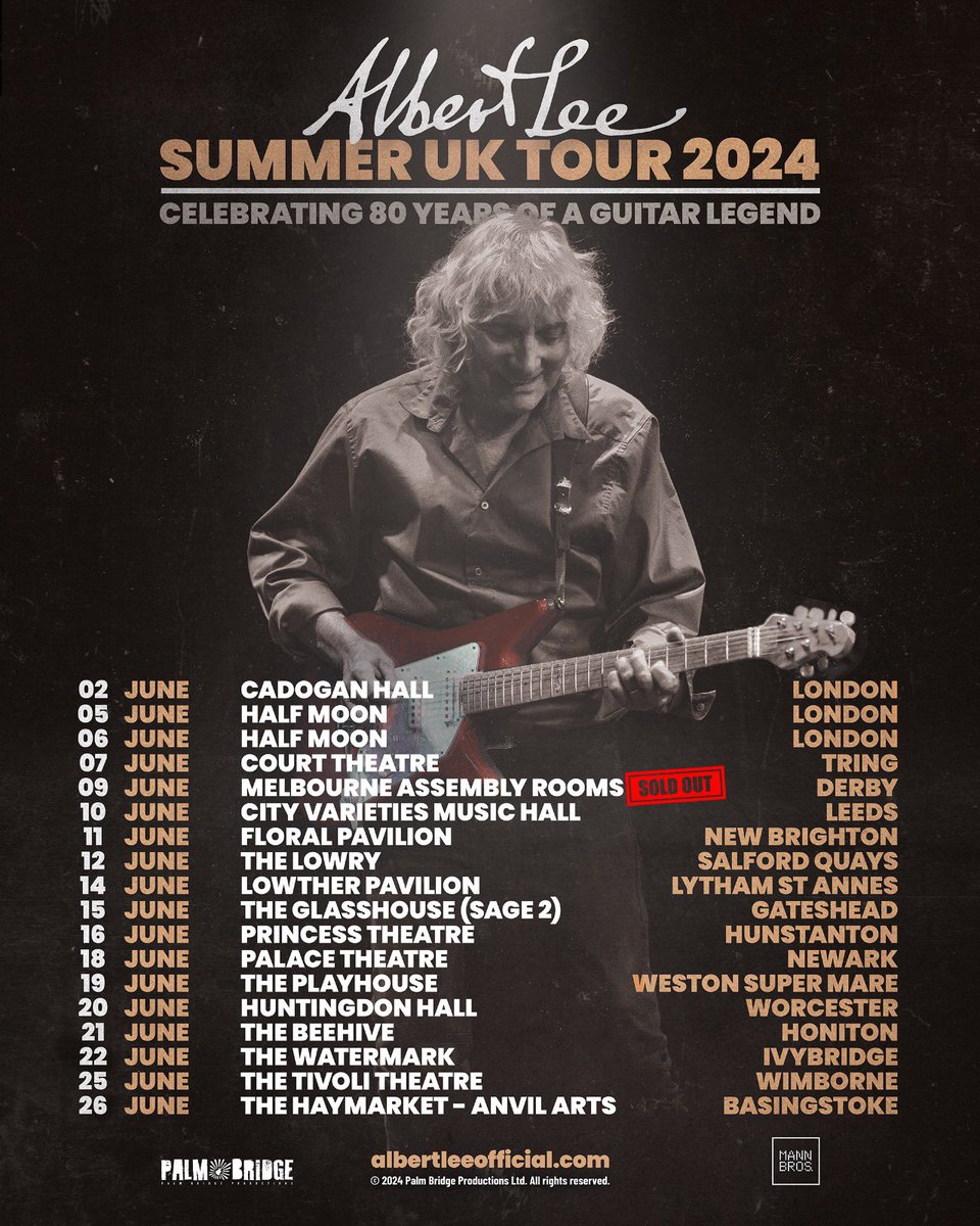 SUMMER 2024 UK TOUR DATES 🇬🇧 Celebrating 80 Years of a Guitar Legend | Tickets on sale now at albertleeofficial.com #albertlee #musicman #guitarlegend #countryboy #80thbirthday 📸 Poster design by @mannbrosmedia