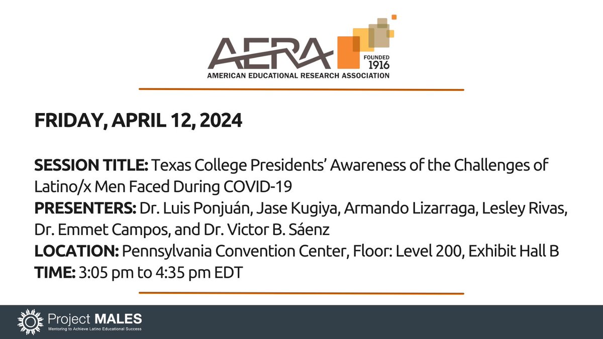 Our Project MALES research team is thrilled to announce that we will be presenting our latest work at the 2024 AERA Annual Conference in Philadelphia, PA. If you are attending the event, please stop by and learn about our research. #AERA24