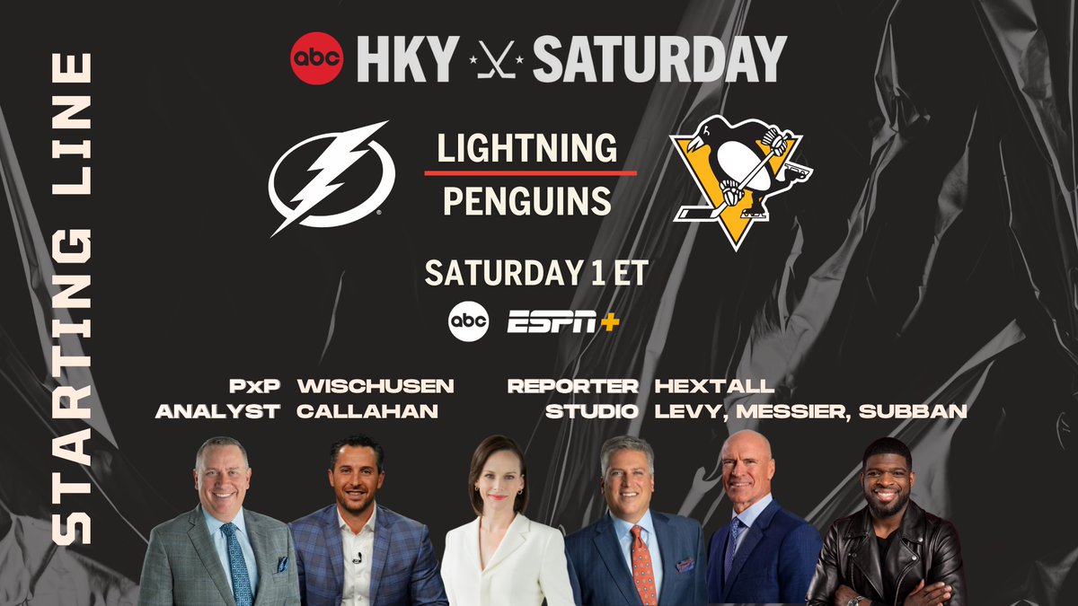 Saturday, #NHL action continues with a doubleheader across ABC & @ESPNPlus 🏒 12:30p ET | Pregame Show | ABC, ESPN+ 🎙️ @espnSteveLevy, Mark Messier, @PKSubban1 🏒 1p ET | #GoBolts-#LetsGoPens 🎙️ @espnbob, @TheRealCally24, @leahhextall Studio | Levy, Messier, Subban