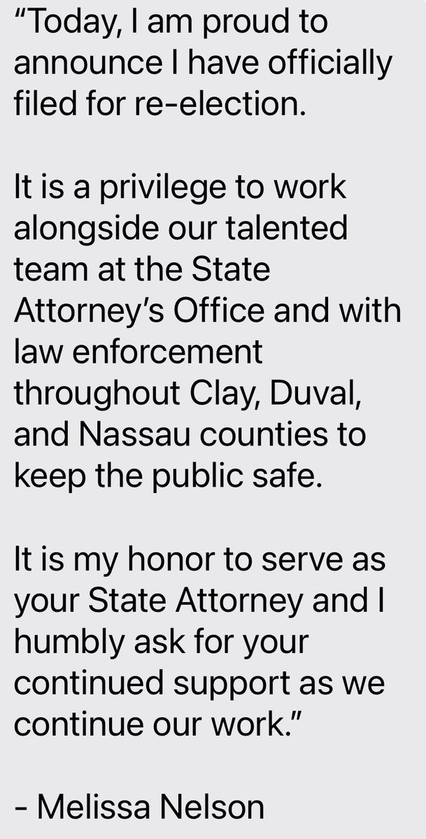 JUST IN: Statement from Melissa Nelson, who confirms she has filed to run for a 3rd term as State Attorney