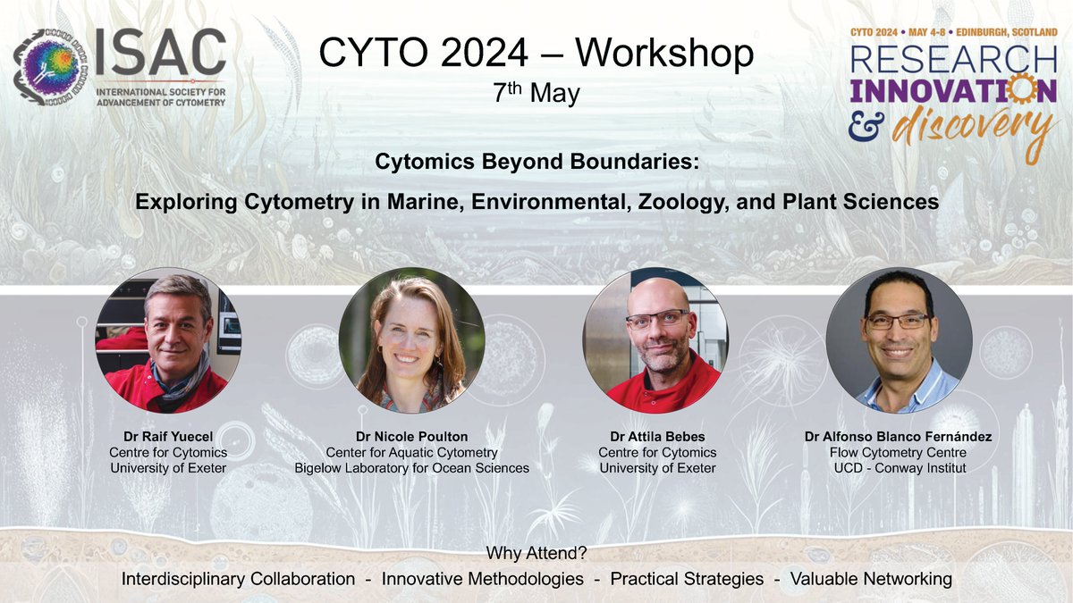 Groundbreaking cytometry at #CYTO2024! Join us in Edinburgh for an innovative workshop on applications across #Marine,  #Environmental, #Zoology, and #PlantSciences. 
@ISAC_CYTO @RaifYuecel @UniofExeter @njpoulton  @BigelowLab #FlowCytometry #DataScience 
cytoconference.org