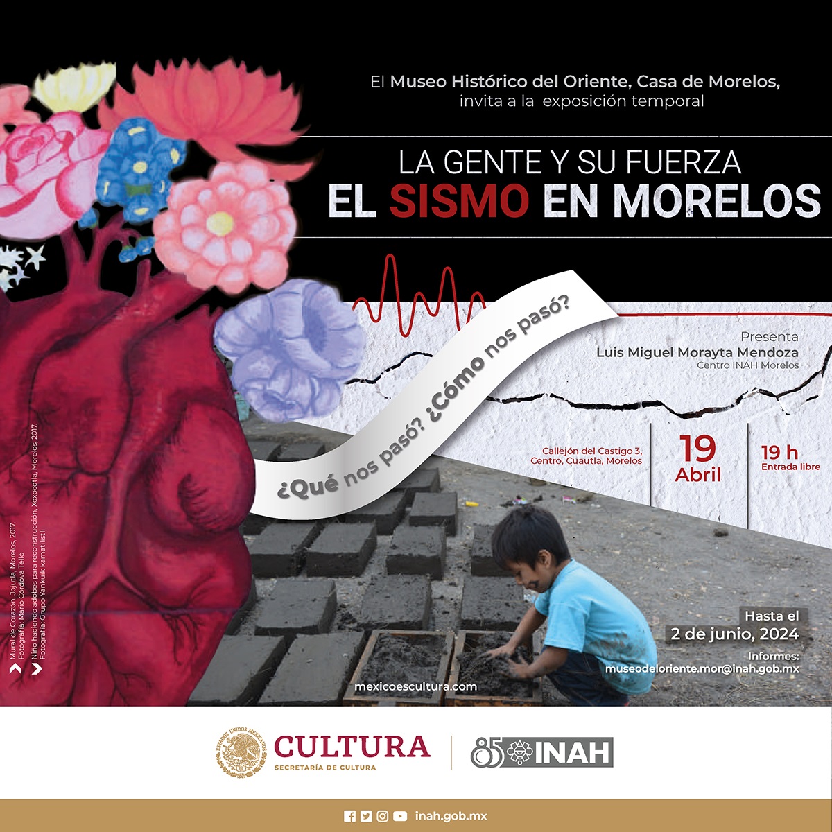 No te pierdas la apertura de la próxima exposición temporal: 𝐋𝐚 𝐠𝐞𝐧𝐭𝐞 𝐲 𝐬𝐮 𝐟𝐮𝐞𝐫𝐳𝐚, 𝐄𝐥 𝐬𝐢𝐬𝐦𝐨 𝐞𝐧 𝐌𝐨𝐫𝐞𝐥𝐨𝐬. 🗓️ El próximo viernes 19 de abril a las 17 h. 📍 Callejón del Castigo #3, Col. Centro de Cuautla, #Morelos El Museo @CasadeMorelos te invita.