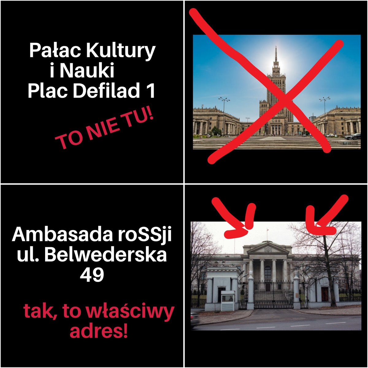 W związku z doniesieniami, że jutrzejsza parada 'Polska za Pokojem' #PolskaZaPokojem ma chodzić dookoła Pałacu Kultury i Nauki - przypominamy, że ambasada agresora czyli roSSji mieści się przy ul. Belwederskiej 49, a nie w PKiN! Przekażmy dalej, bo może to jakaś pomyłka...🕊💨