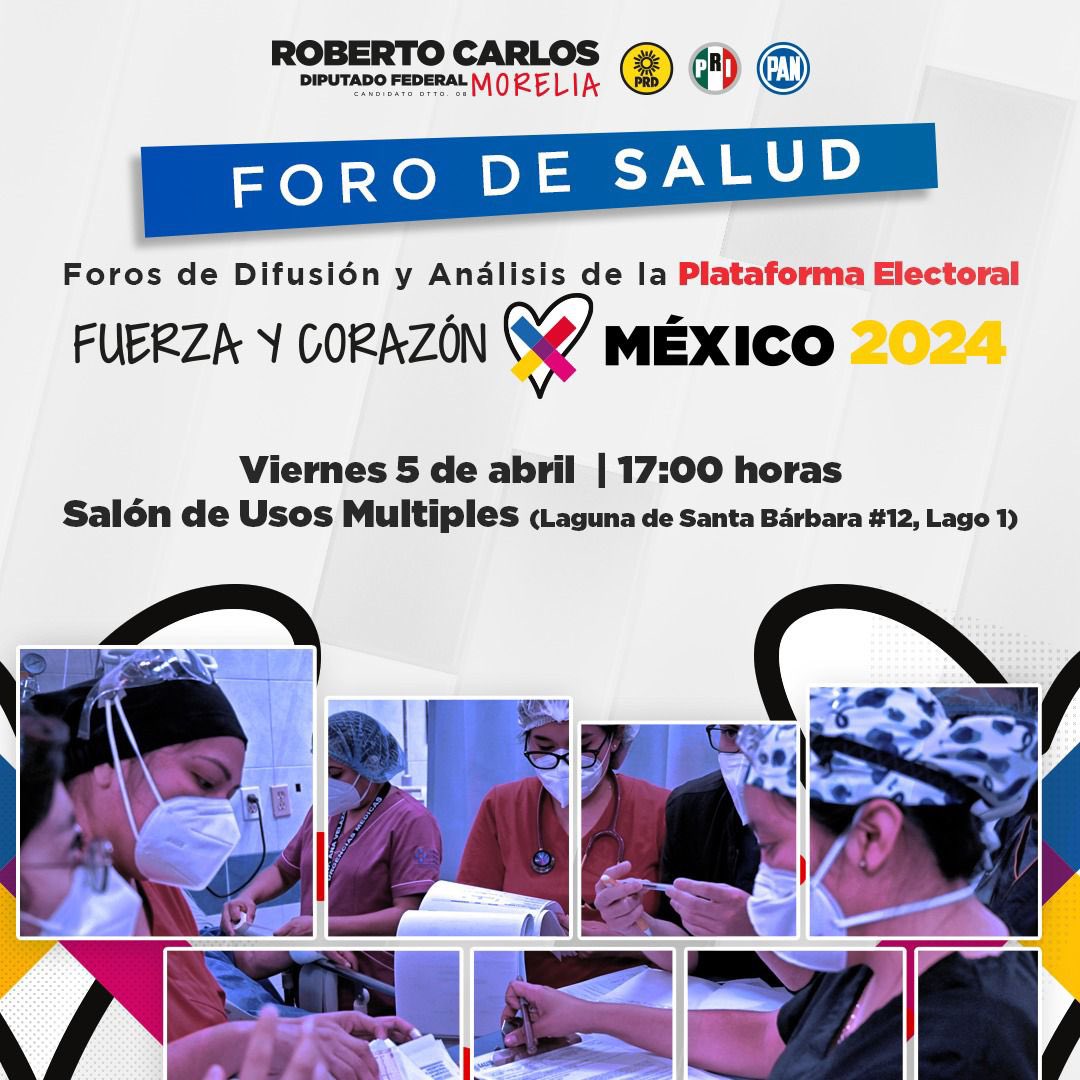 RobertoCaLopezG's tweet photo. Nos vemos hoy en el arranque de los Foros de Difusión y Análisis de la Plataforma Electoral #FuerzaYCorazónXMéxico ♥️💛💙
🩺Foro de Salud
🗓️Viernes 5 de abril
⌚️17:00 horas
📍Laguna de Santa Bárbara #12, Lago 1 https://t.co/AGhm8CP6U8