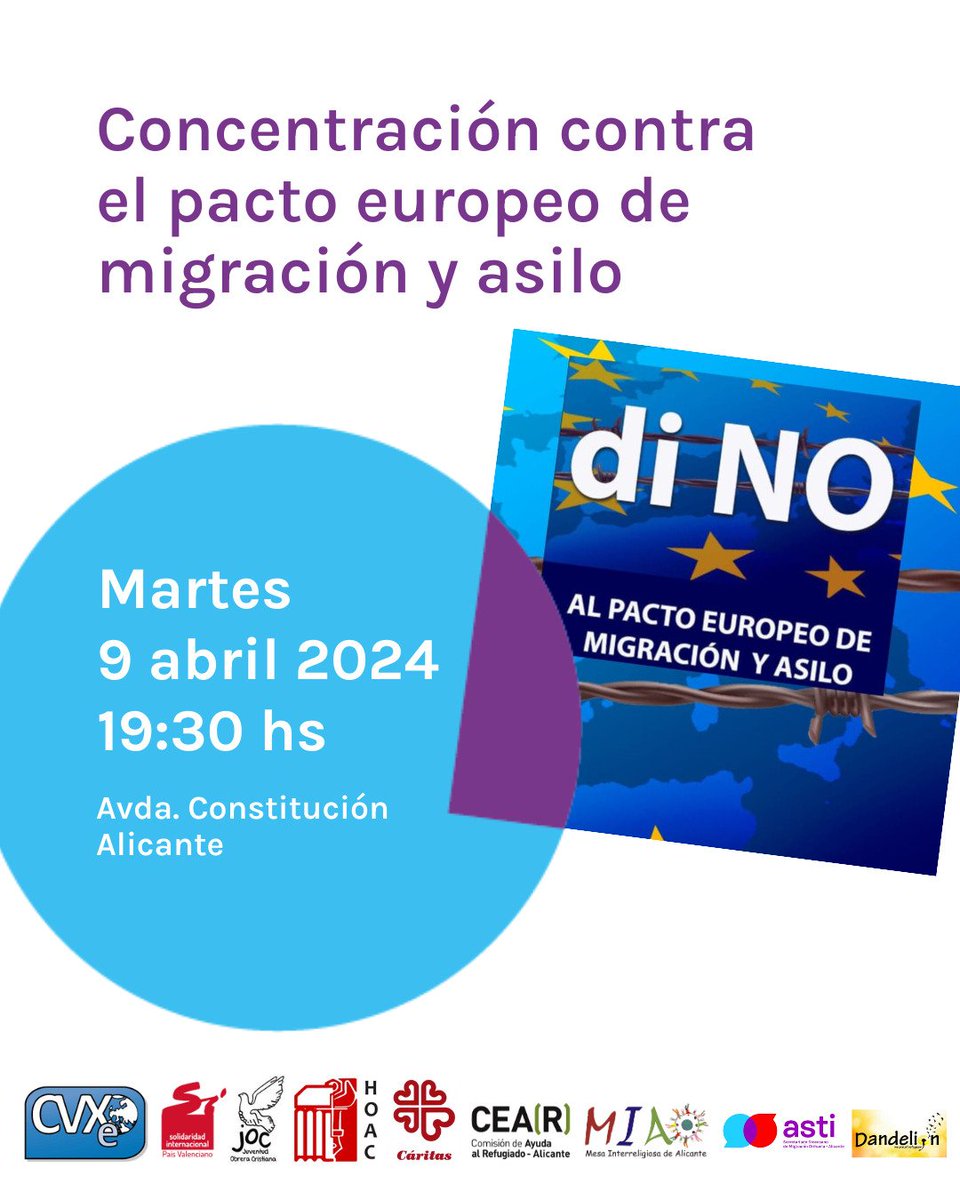 HOACOA's tweet image. 📢CONVOCATORIA URGENTE📢

Más de 400 asociaciones contra el Pacto Europeo de Migración y Asilo. #NOalPEMA
Cientos de concentraciones para parar esta barbarie.
En Alicante nos vemos
🗓 Martes 9 de abril
🕔19:30h
📍Avenida de la Constitución.
¡AYÚDANOS CON LA DIFUSIÓN POR FAVOR!