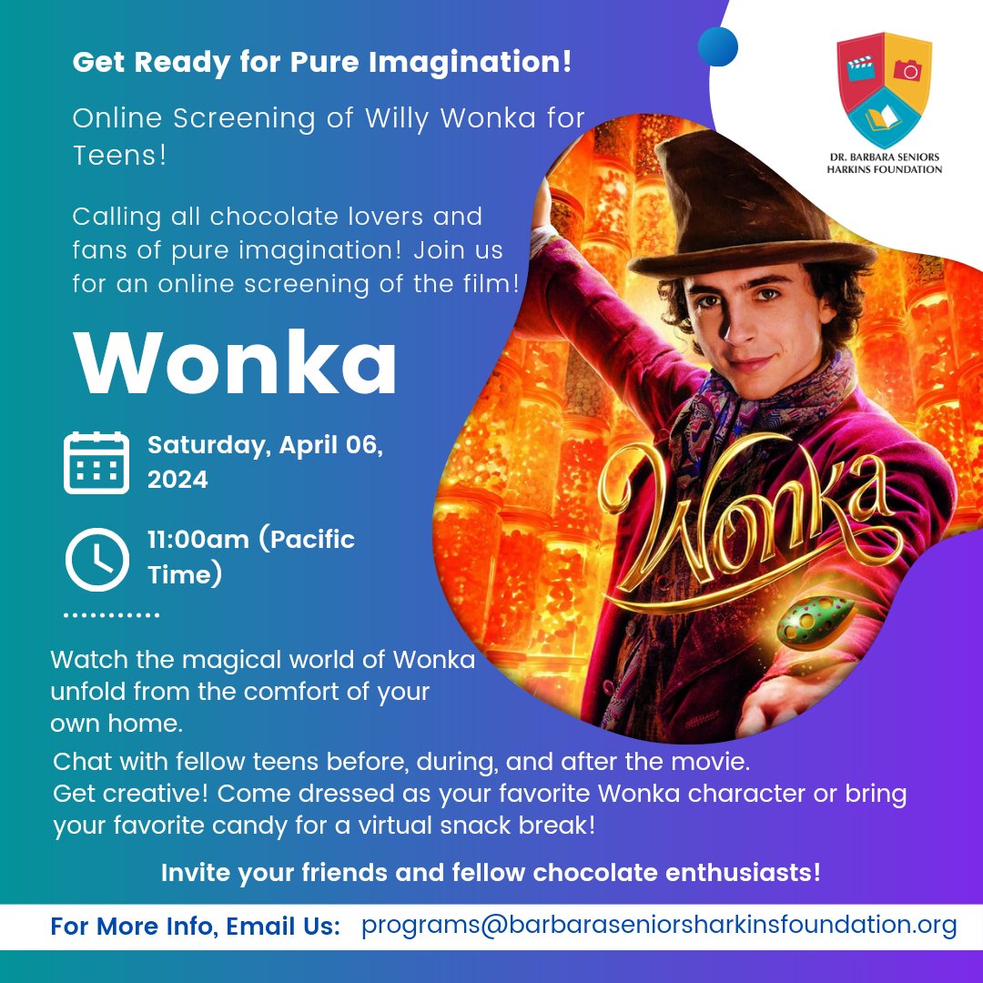 Willy Wonka's online screening is TOMORROW & registration closes TONIGHT!  Don't miss your golden ticket to this FREE chocolatey fun!
Sign up now: barbaraseniorsharkinsfoundation.org/programs/
#Wonka #MovieNight #Teens #LastChance #FreeEvent