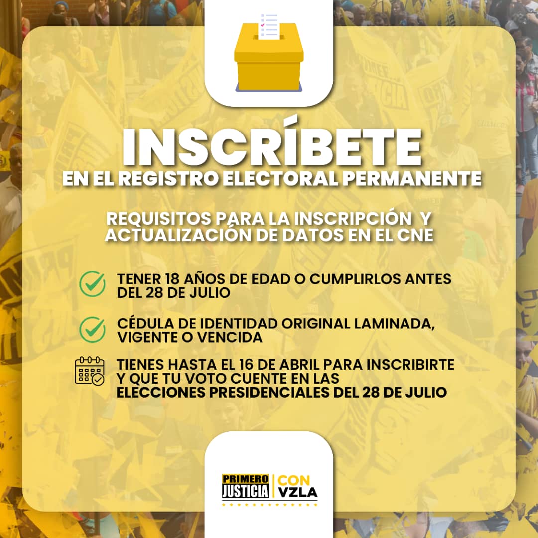 ¿Quieres asegurarte de votar en tu centro electoral de preferencia? Verifica en la página del CNE y, si es necesario, podrás cambiarlo en cualquier punto del operativo especial hasta el 16 de abril. ¡Tu voto cuenta! #InscríbeteYVota @Pr1meroJusticia